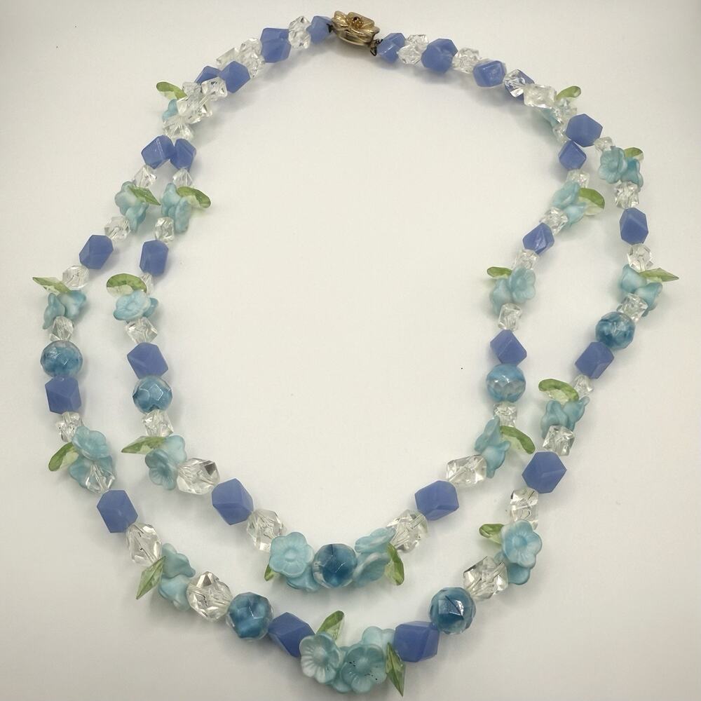Vintage Acrylic Rhinestone Necklace Baby‎ Blue Floral Double Strand 20”